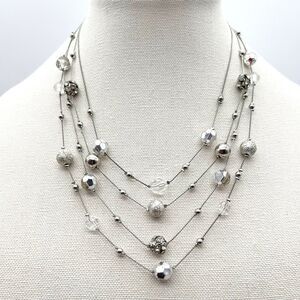 NY Multi Faceted Floating Bead 4 Strand Silver Tone Rhinestone Necklace 17”